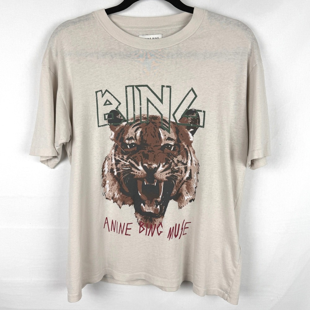 ANINE BING Graphic Tiger Muse Tee Size S Beige Short Sleeve Shirt